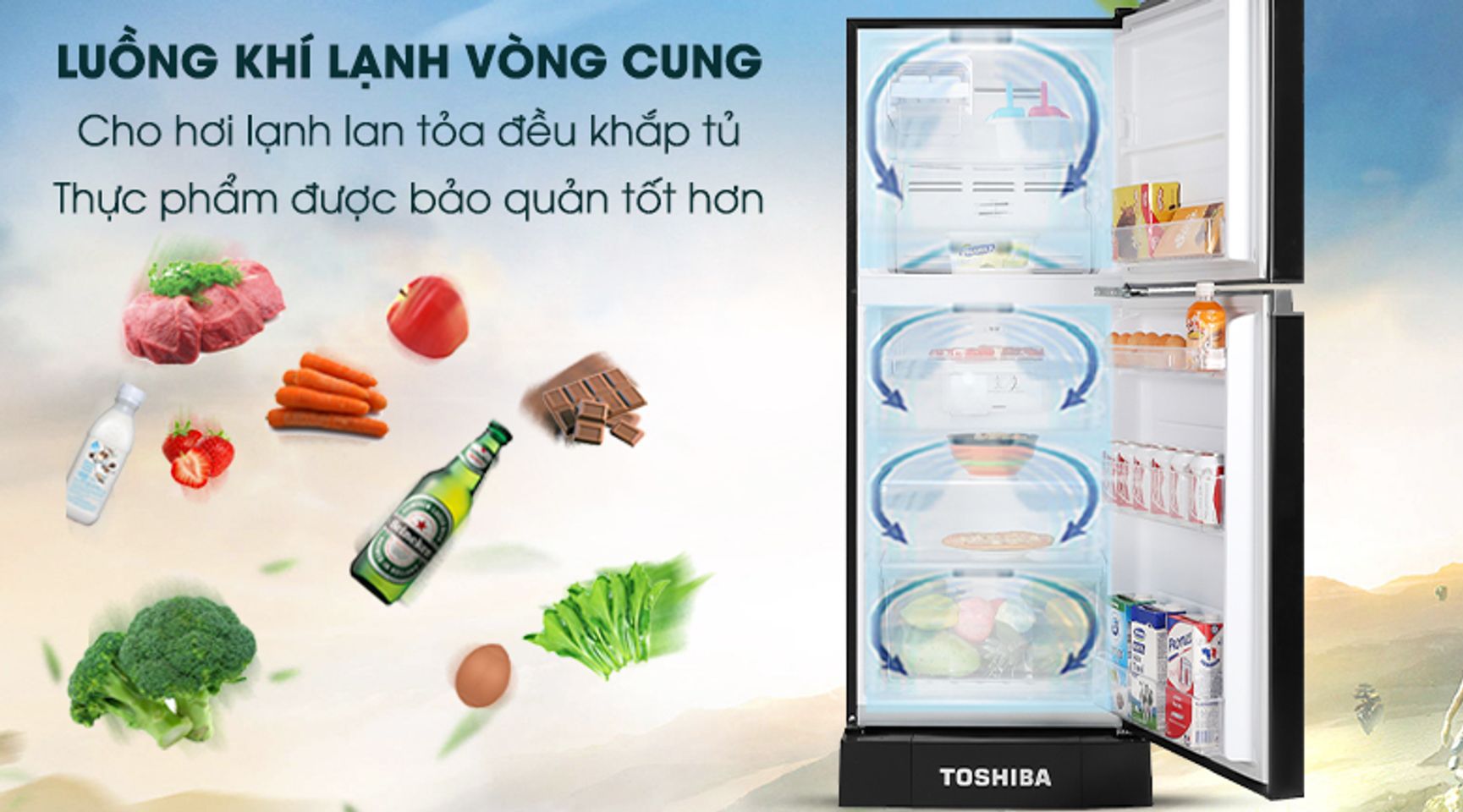 Tủ lạnh Toshiba Inverter 194 lít GR-A25VM(UKG1)-Bảo quản thực phẩm lạnh toàn diện nhờ hệ thống khí lạnh vòng cung