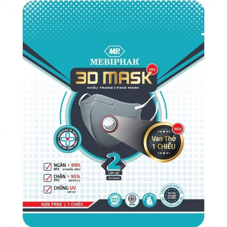 Khẩu Trang Mebiphar 3D Mask Pro van thở 1 chiều (túi 1 cái ). 1