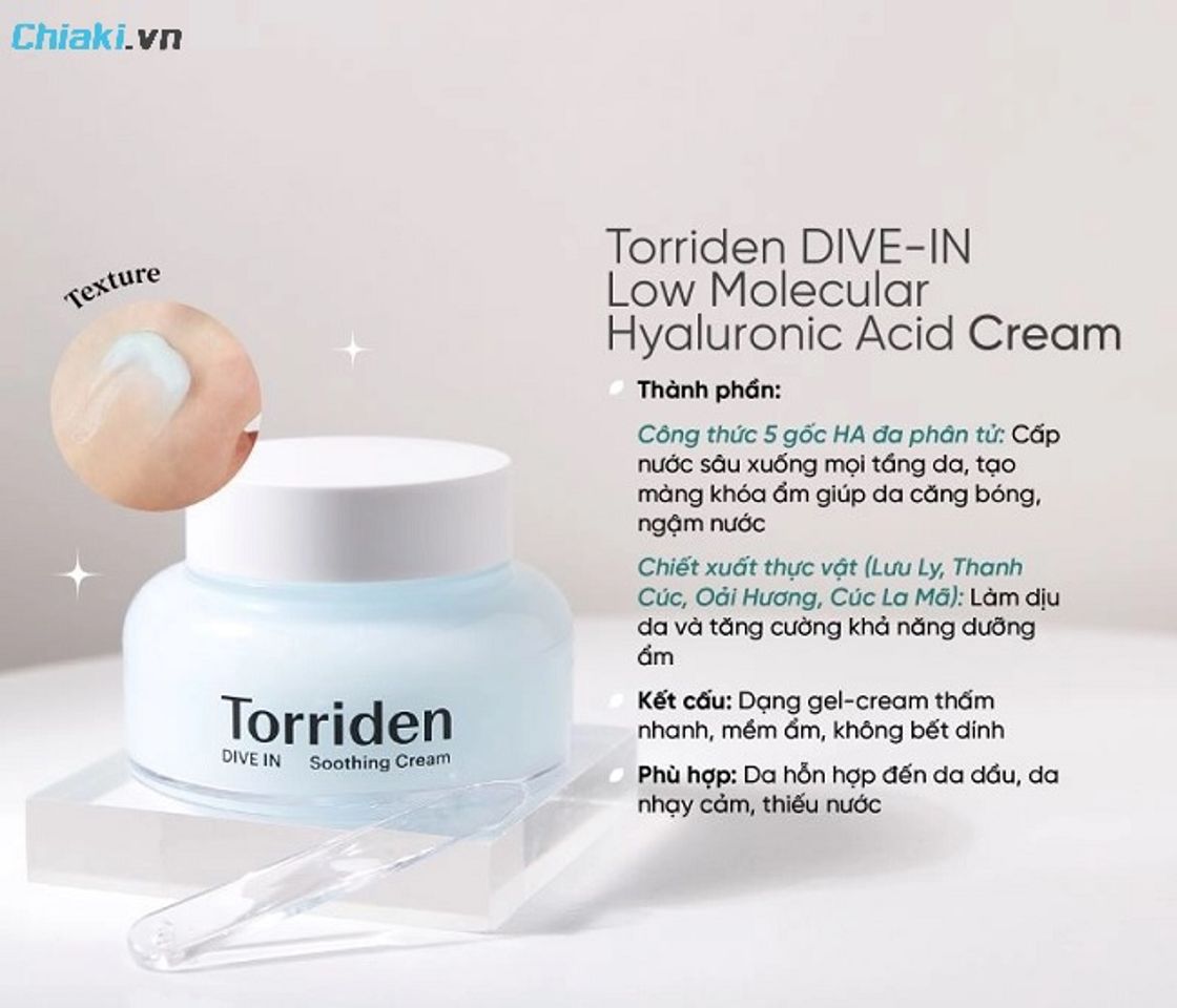 Kem dưỡng cấp ẩm Torriden Dive In Hyaluronic Acid khiến da căng b&oacute;ng, ngậm nước