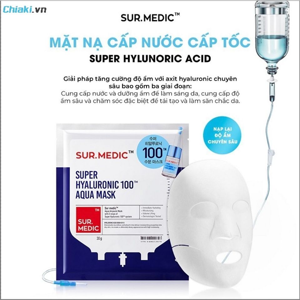 Mặt nạ Sur.Medic da Super Hyaluronic 100 Aqua Mask phục hồi l&agrave;n da kh&ocirc; r&aacute;p nhanh ch&oacute;ng