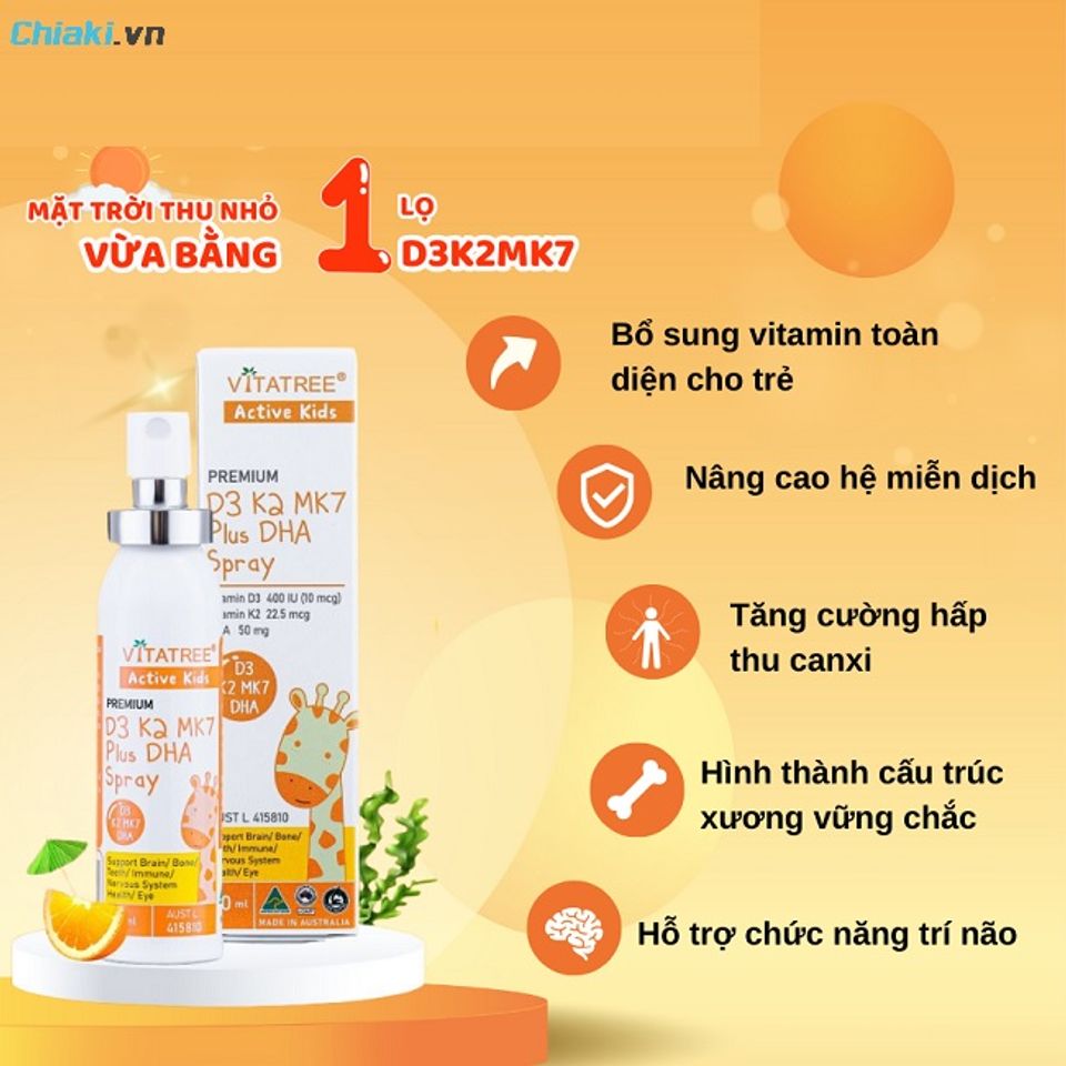 Xịt vitamin D3 K2 DHA Vitatree hỗ trợ ph&aacute;t triển xương, tr&iacute; n&atilde;o v&agrave; thị lực cho trẻ được to&agrave;n diện