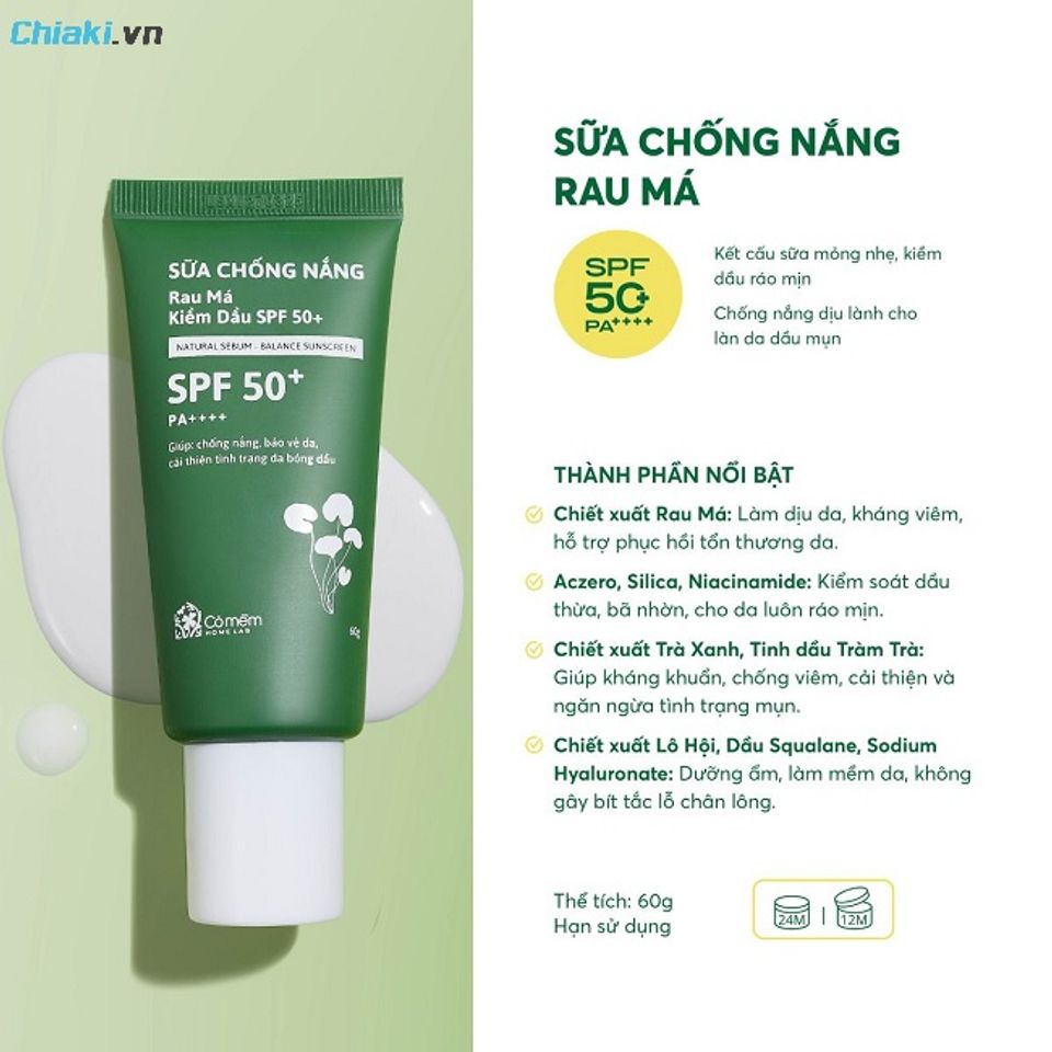 Kem chống nắng rau m&aacute; Cỏ Mềm chăm s&oacute;c da hiệu quả, l&agrave;nh t&iacute;nh