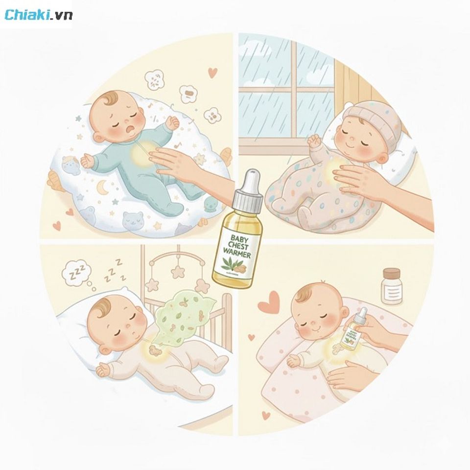 B&eacute; bị ho, sổ mũi, nhiễm lạnh, nghẹt mũi,... mẹ n&ecirc;n d&ugrave;ng dầu b&ocirc;i ấm ngực cho b&eacute;
