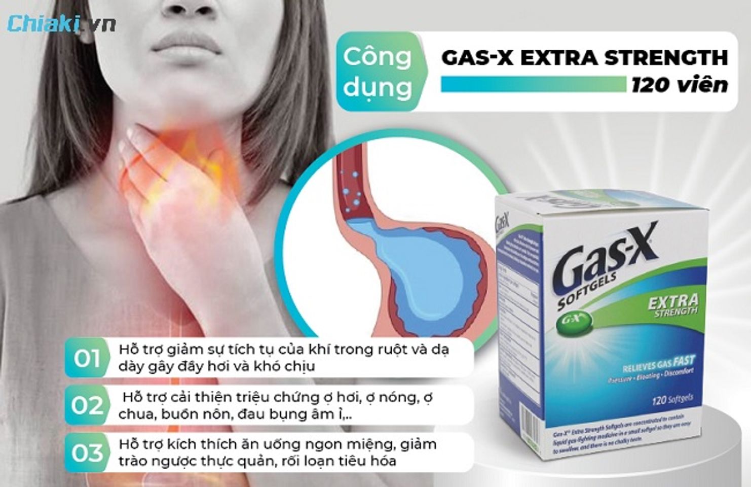 Thuốc Gas-X Extra Strength giải quyết tận gốc cảm gi&aacute;c ấm &aacute;ch, chướng bụng