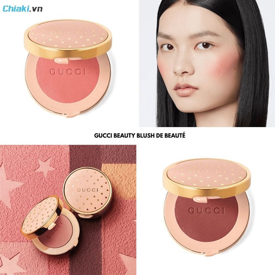 Phấn m&aacute; hồng tạo n&eacute;t tươi tắn Gucci De Beat&eacute; kết hợp với c&aacute;c họa tiết ng&ocirc;i sao v&agrave; logo Gucci mạ v&agrave;ng sang trọng tr&ecirc;n nắp