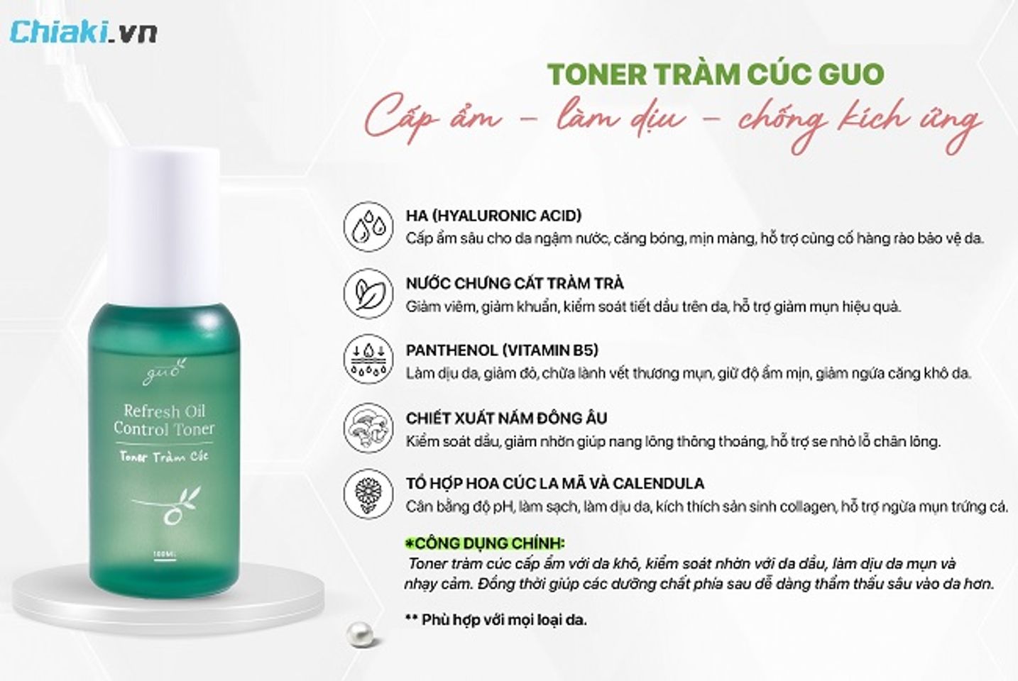 Toner tr&agrave;m tr&agrave; GUO hỗ trợ l&agrave;m dịu c&aacute;c nốt mụn sưng đỏ chỉ sau v&agrave;i lần sử dụng