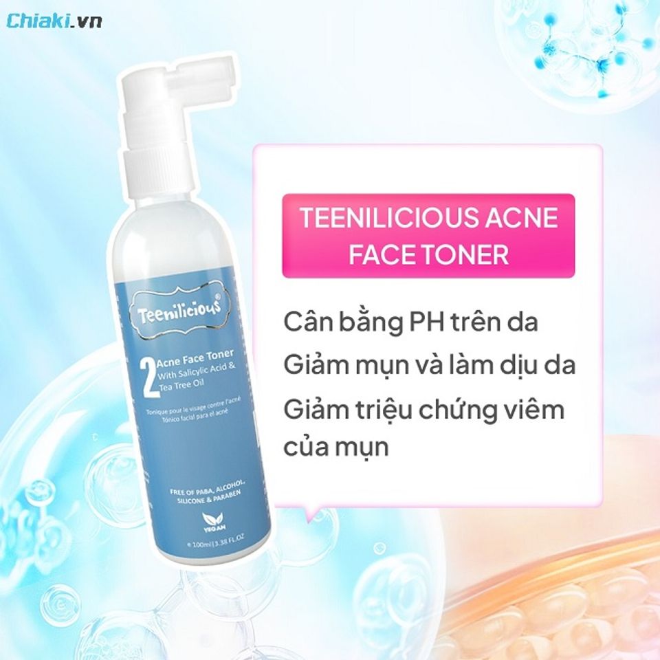 Nước c&acirc;n bằng da Teenilicious Acne Face Toner l&agrave;m dịu nhanh c&aacute;c nốt mụn đang sưng tấy
