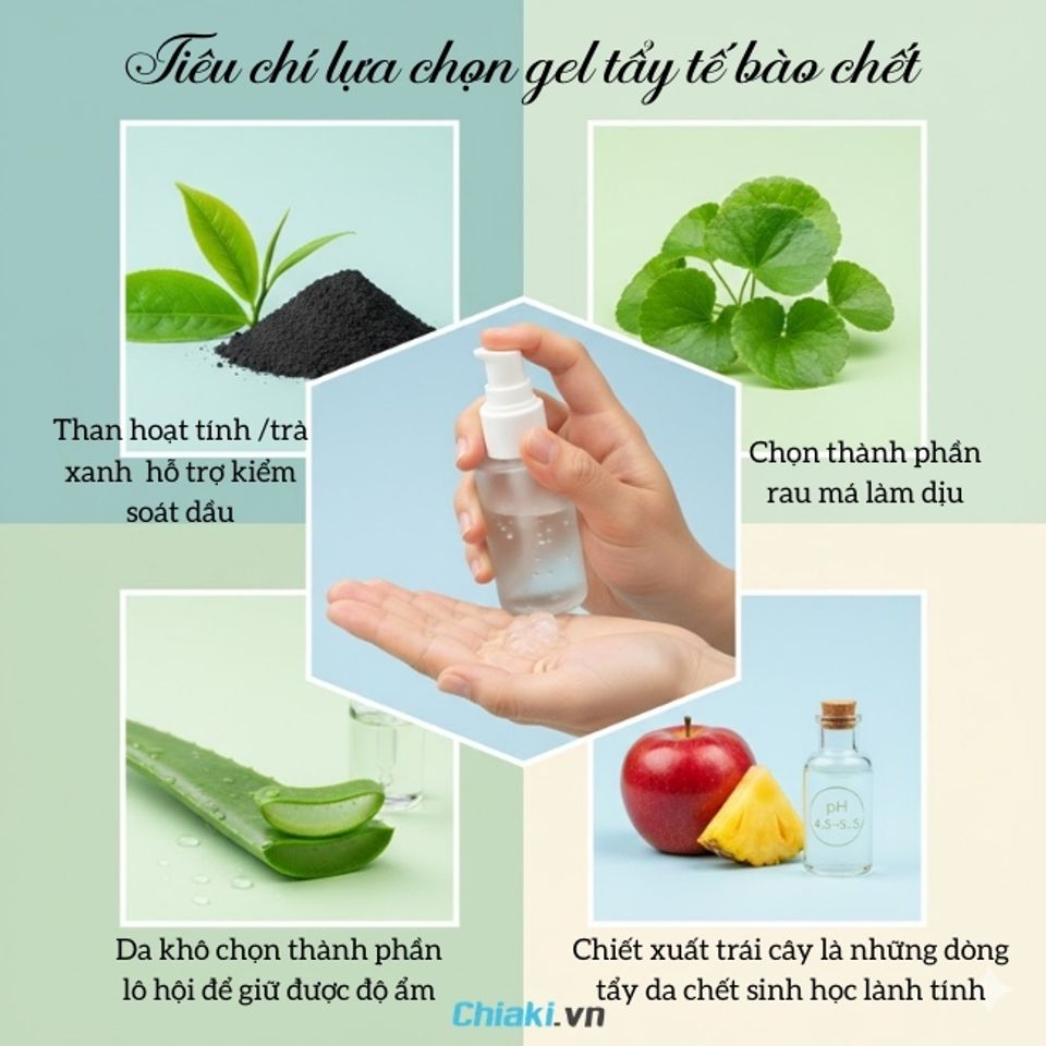 Chọn Gel tẩy tế b&agrave;o chết c&oacute; th&agrave;nh phần như rau m&aacute; hoặc Allantoin để bảo vệ c&aacute;c nốt mụn đang sưng