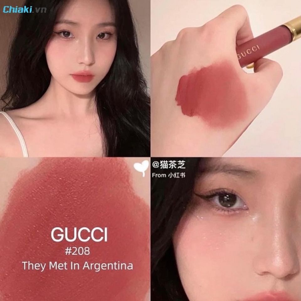 Son kem Gucci Rouge Liquid Matte 208 b&aacute;m m&agrave;u l&ecirc;n tới 8 tiếng l&ecirc;n m&ocirc;i mướt mịn, kh&ocirc;ng bết d&iacute;nh, kh&ocirc;ng lộ r&atilde;nh m&ocirc;i