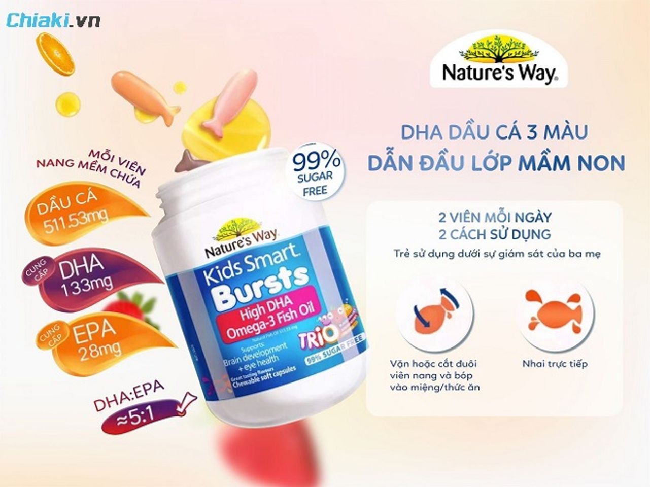 DHA cho trẻ em của &Uacute;c Nature&rsquo;s Way Kids Smart Bursts&nbsp; th&agrave;nh phần DHA cao, hỗ trợ sự ph&aacute;t triển của chất x&aacute;m