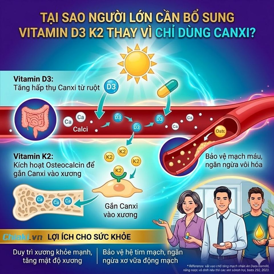 Người trưởng th&agrave;nh v&agrave; người gi&agrave; cần bổ sung Vitamin D3K2 thay v&igrave; chỉ d&ugrave;ng canxi v&igrave; D3 hỗ trợ hấp thụ canxi từ ruột v&agrave;o m&aacute;u