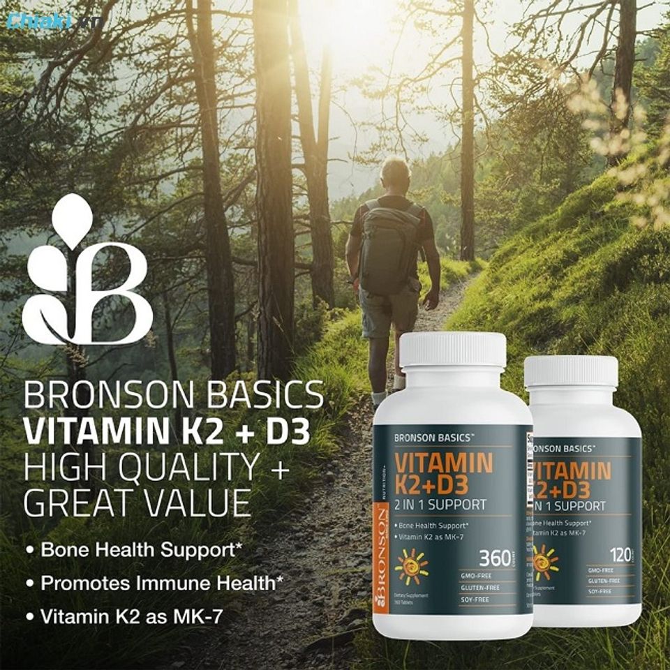 Vi&ecirc;n uống Vitamin K2 D3 Organic của Mỹ Bronson Basics hỗ trợ sức khỏe xương khớp v&agrave; hệ tim mạch cho người trưởng th&agrave;nh