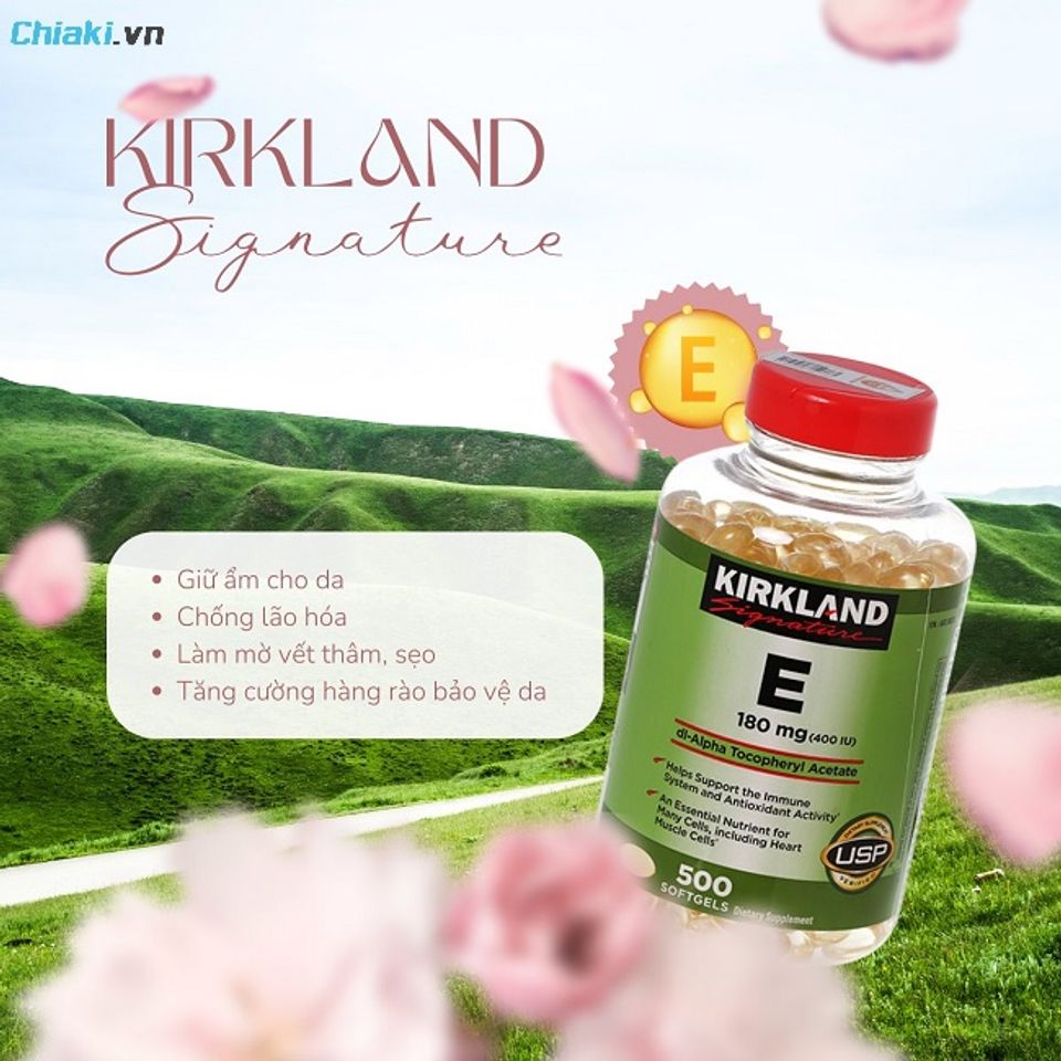 Vitamin E Kirkland dl- Alpha Tocopheryl Acetate l&agrave;n da mềm mịn, mờ th&acirc;m n&aacute;m