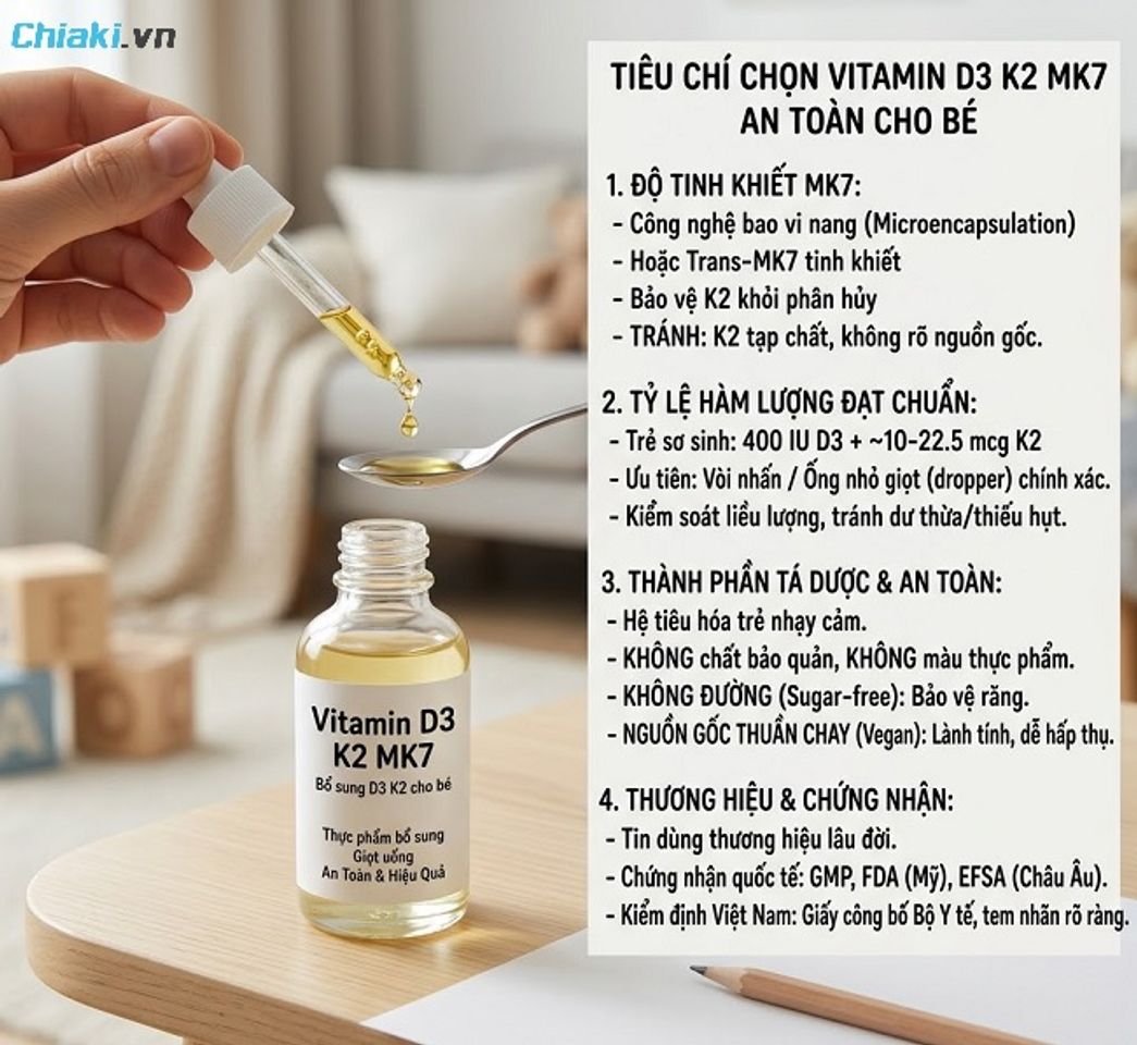 Ti&ecirc;u ch&iacute; lựa chọn Vitamin D3 K2 MK7 an to&agrave;n, ph&ugrave; hợp cho b&eacute;