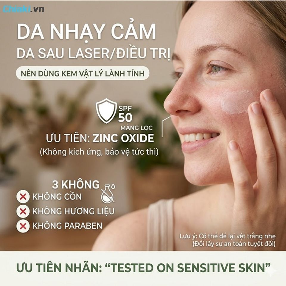 Da nhạy cảm, da đang điều trị, da sau laser chỉ n&ecirc;n d&ugrave;ng kem chống nắng vật l&yacute;
