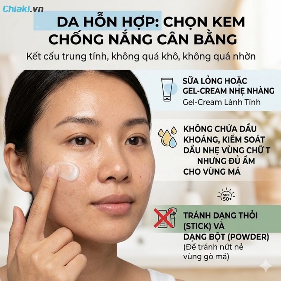 Da hỗn hợp n&ecirc;n d&ugrave;ng kem chống nắng dạng sữa lỏng hoặc kem nhẹ nh&agrave;ng