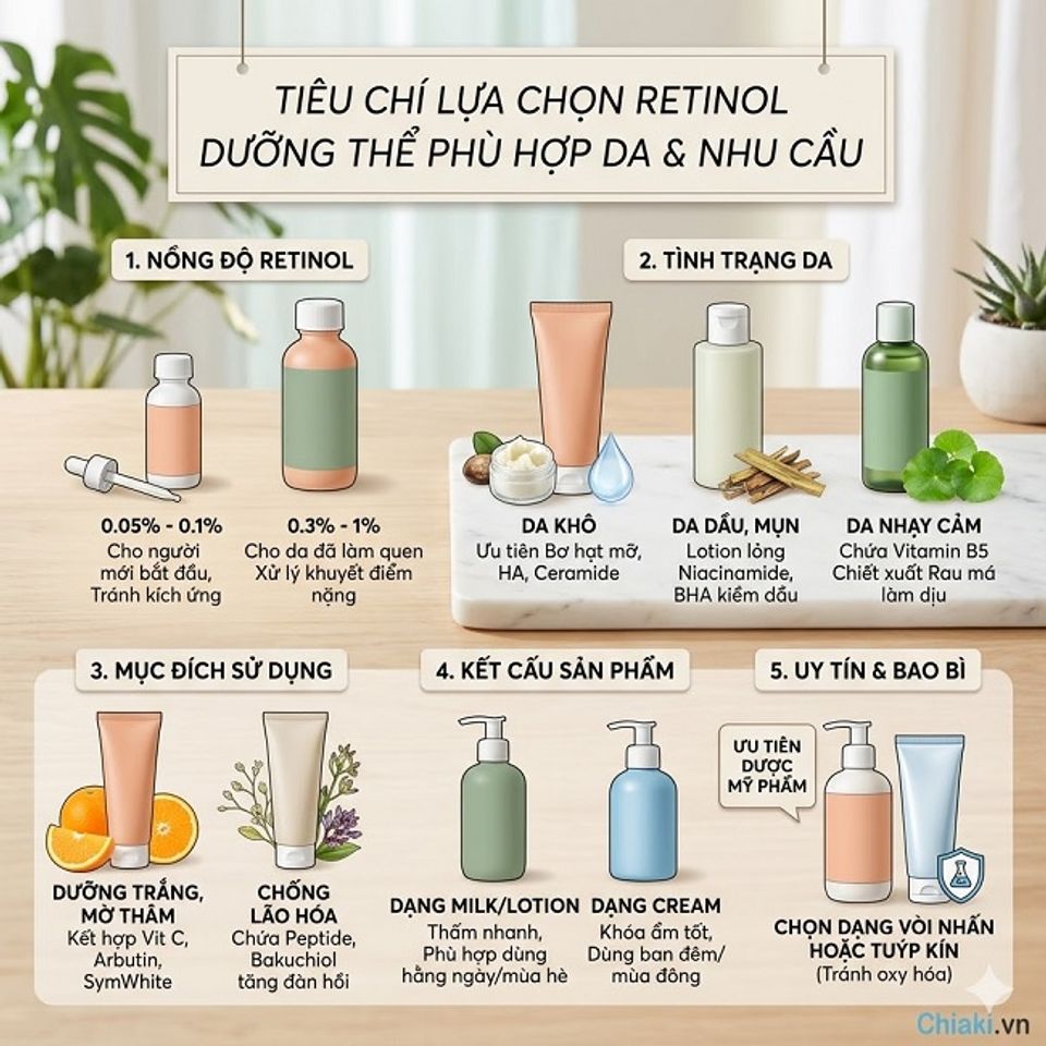 Ti&ecirc;u ch&iacute; lựa chọn Retinol dưỡng thể ph&ugrave; hợp da v&agrave; nhu cầu