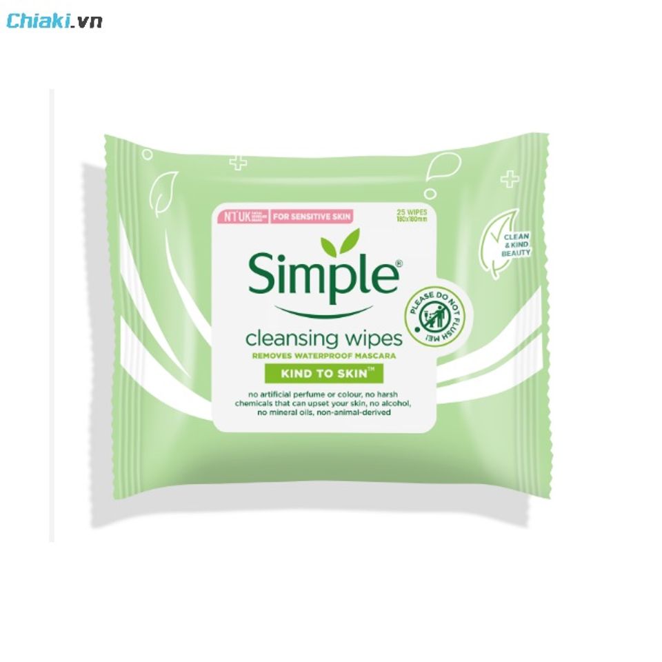 Khăn ướt tẩy trang cho da nhạy cảm Simple Kind to Skin l&agrave;m sạch dịu nhẹ, duy tr&igrave; độ ẩm cho da