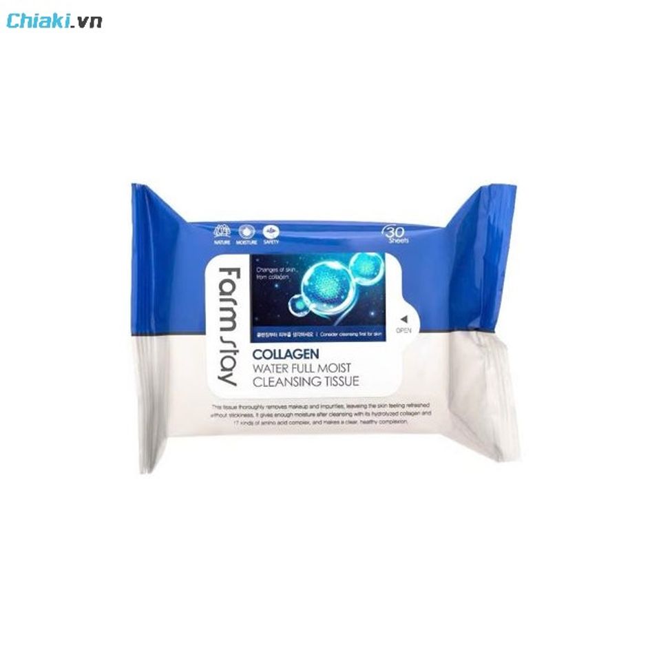 Khăn tẩy trang Farmstay Collagen Water Full Moist Cleansing Tissue l&agrave;m sạch lớp makeup, bụi bẩn v&agrave; dầu thừa nhanh