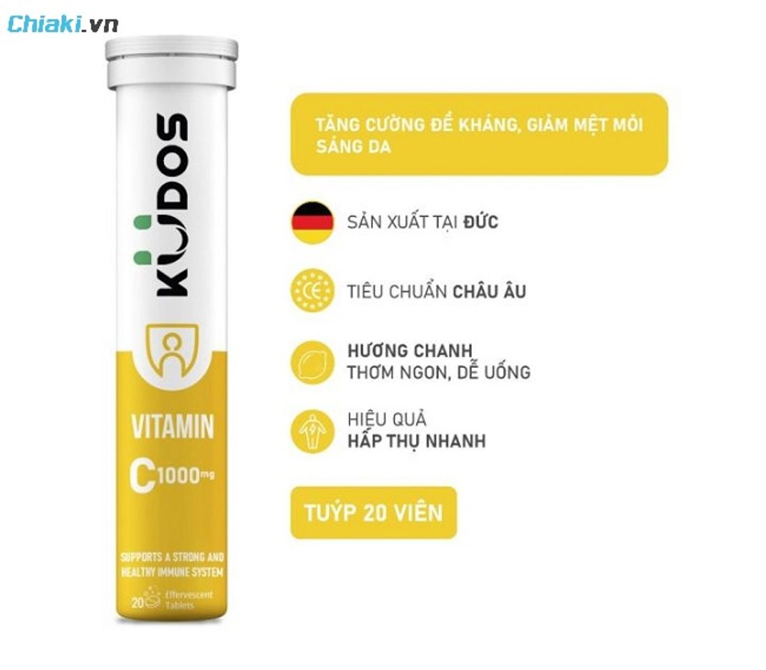 Vi&ecirc;n sủi Kudos Vitamin C 1000mg hương chanh bổ sung vitamin C nhanh ch&oacute;ng cho cơ thể v&agrave; hỗ trợ duy tr&igrave; năng lượng