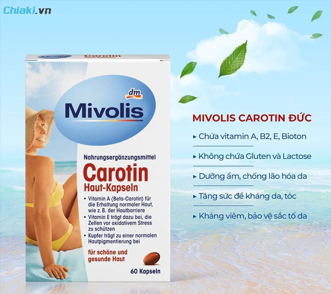 Th&agrave;nh phần của vi&ecirc;n uống chống nắng carotin Mivolis chứa Beta-Carotin h&agrave;m lượng cao kết hợp c&ugrave;ng nhiều dưỡng chất thiết yếu cho l&agrave;n da
