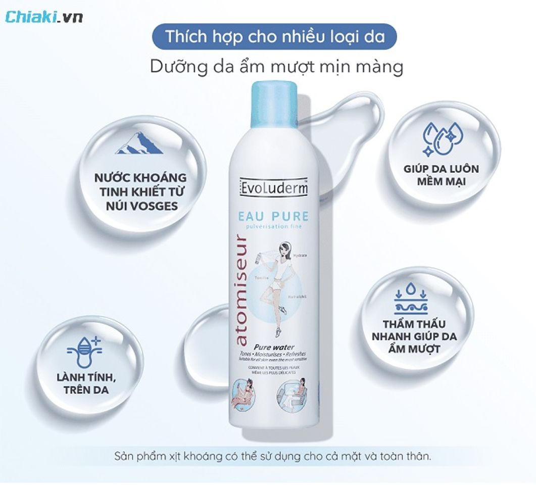 Nước xịt kho&aacute;ng Ph&aacute;p Evoluderm Eau Pure cấp ẩm tức th&igrave;, l&agrave;nh t&iacute;nh v&agrave; an to&agrave;n