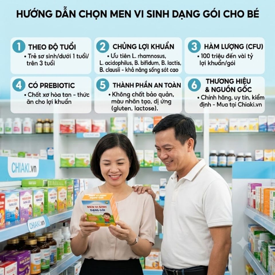 Lựa chọn men vi sinh dạng g&oacute;i cho b&eacute; ưu ti&ecirc;n c&aacute;c sản phẩm chứa c&aacute;c chủng lợi khuẩn đ&atilde; được nghi&ecirc;n cứu
