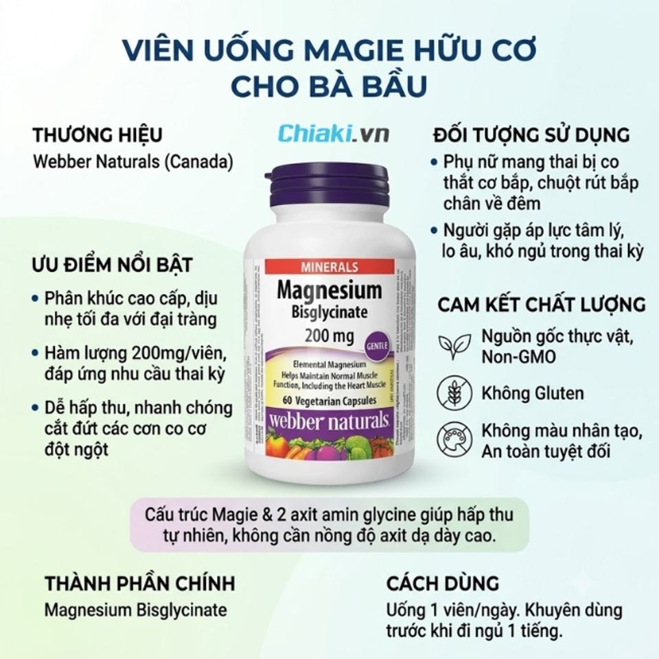 Vi&ecirc;n uống Webber Naturals Magnesium Bisglycinate cắt đứt c&aacute;c cơn co cơ đột ngột ở b&agrave; bầu