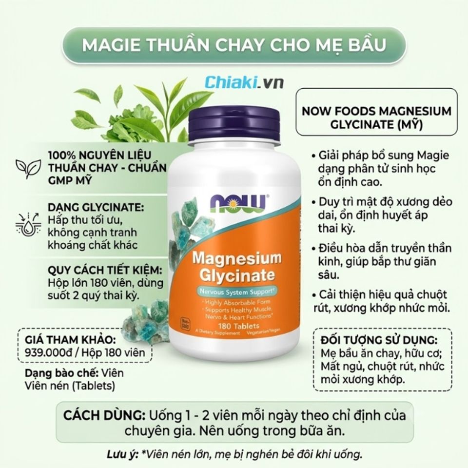 Magie thuần chay cho mẹ bầu Now Magnesium Glycinate USA cải thiện chuột r&uacute;t, cơ bắp được thoải m&aacute;i, ổn định