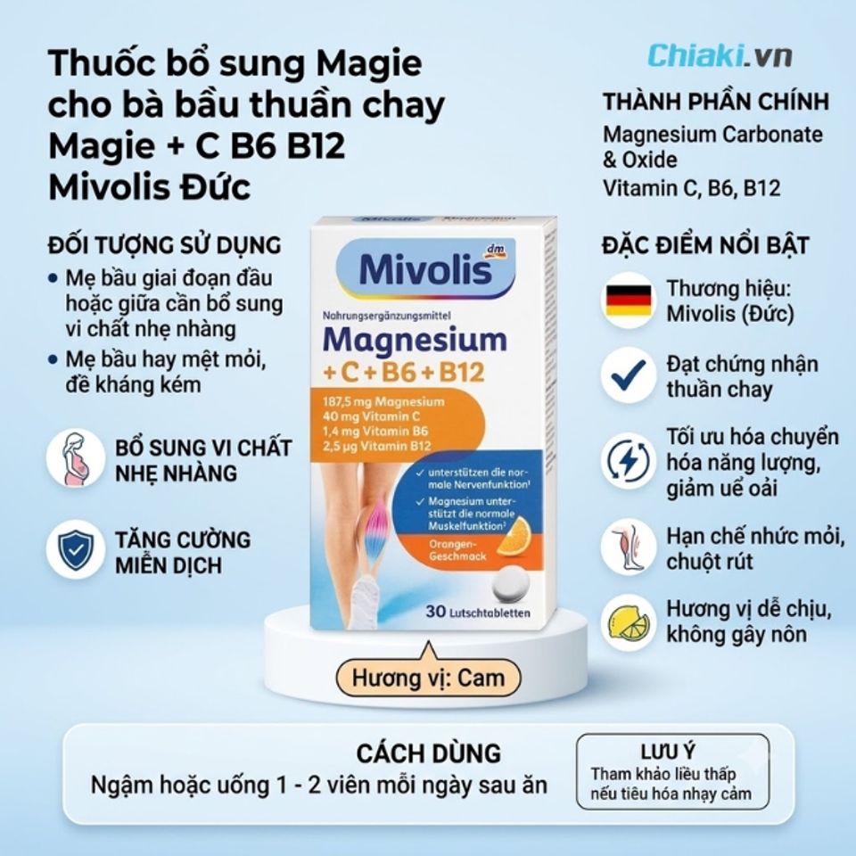 Magie cho b&agrave; bầu thuần chay Magie + C B6 B12 Mivolis Đức&nbsp;hạn chế nhức mỏi, chuột r&uacute;t