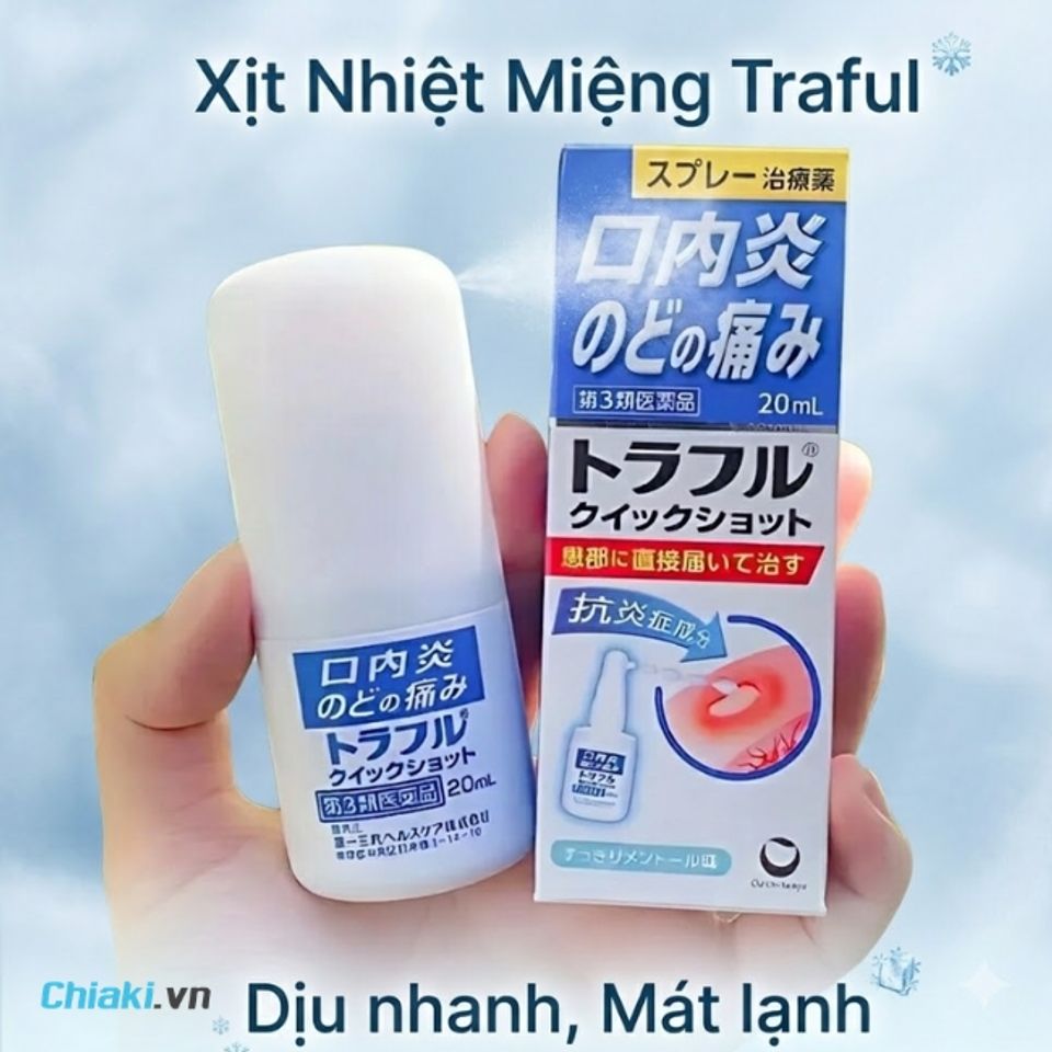 Xịt nhiệt miệng Nhật Bản Traful mang lại cảm gi&aacute;c m&aacute;t lạnh tức th&igrave;, đẩy l&ugrave;i sưng vi&ecirc;m v&agrave; thu nhỏ vết lo&eacute;t