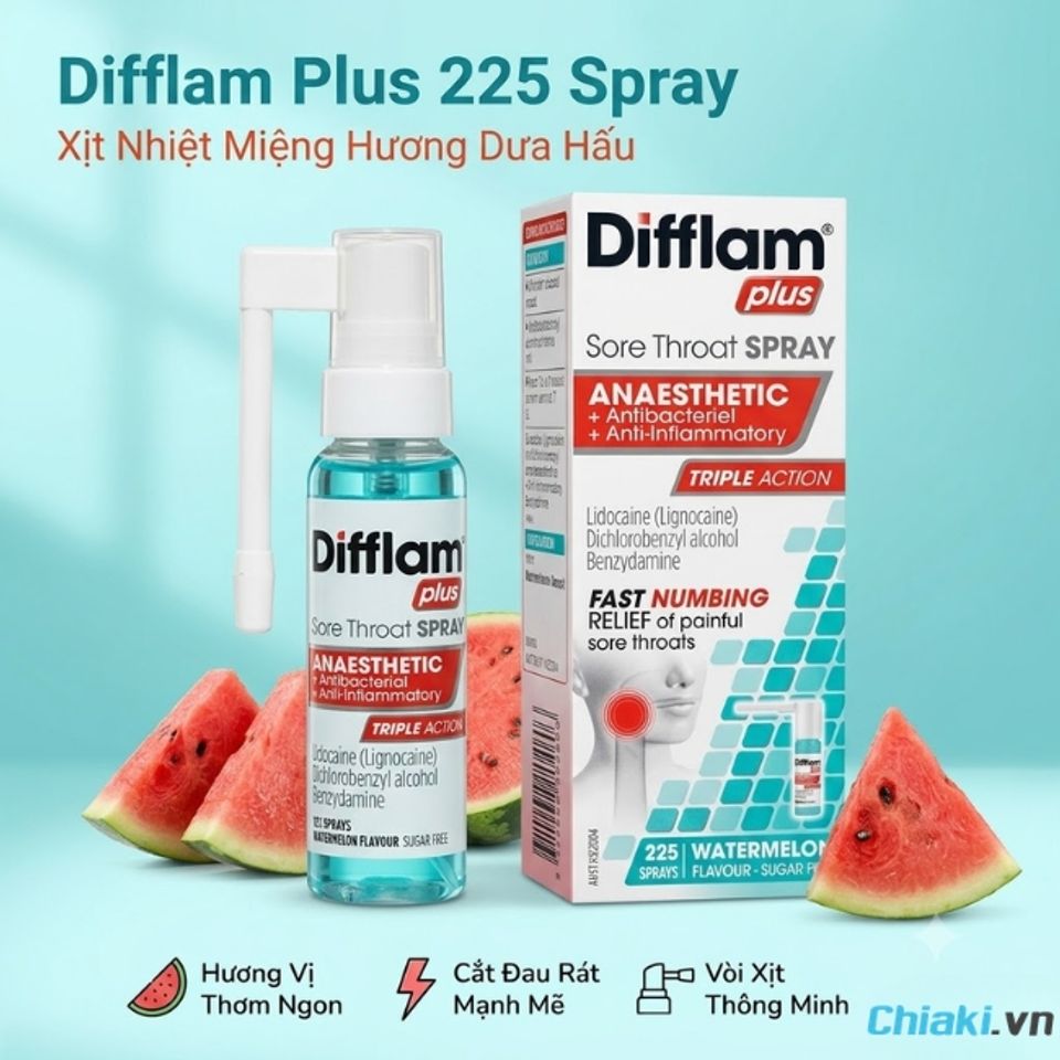 Xịt nhiệt miệng dưa hấu Difflam Plus 225 Spray dịu nhanh cảm gi&aacute;c đau r&aacute;t v&ugrave;ng họng v&agrave; khoang miệng