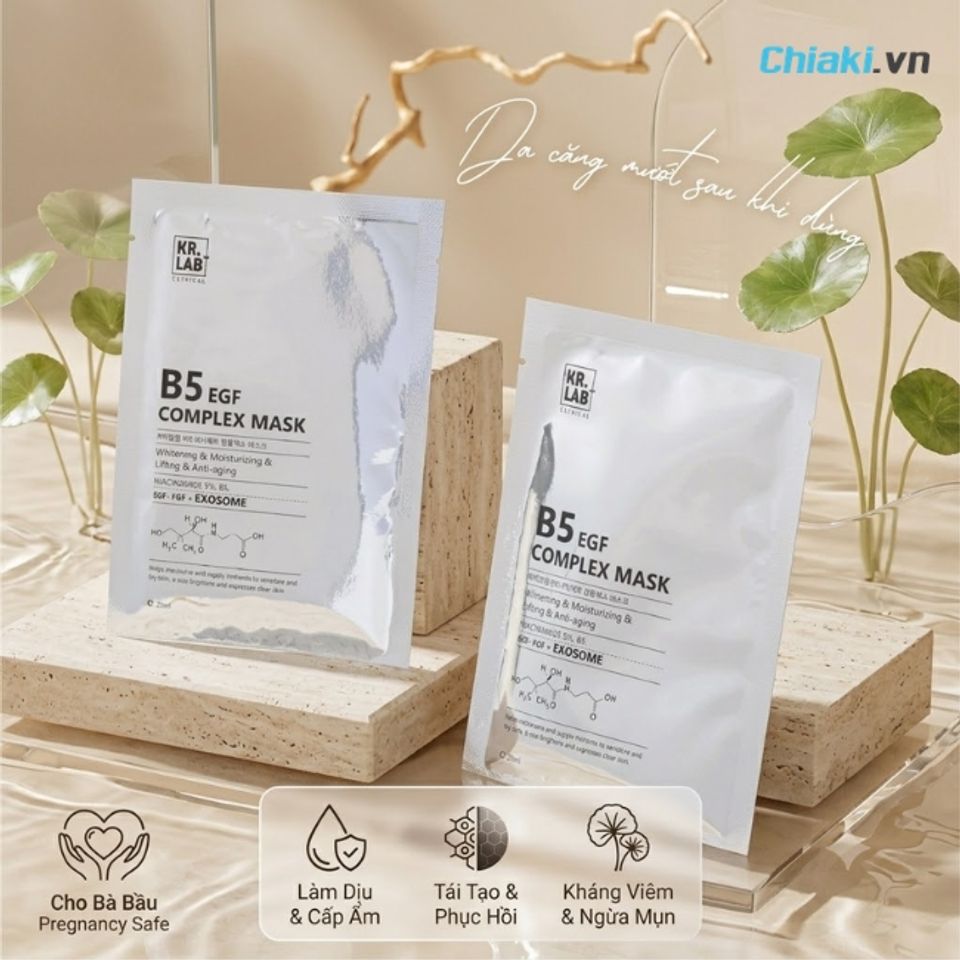 Mặt nạ cấp ẩm dưỡng trắng Kr.Lab+ B5 EGF Complex Mask l&agrave;m dịu nhanh ch&oacute;ng cảm gi&aacute;c da bỏng đỏ, giảm ngứa v&agrave; k&iacute;ch ứng