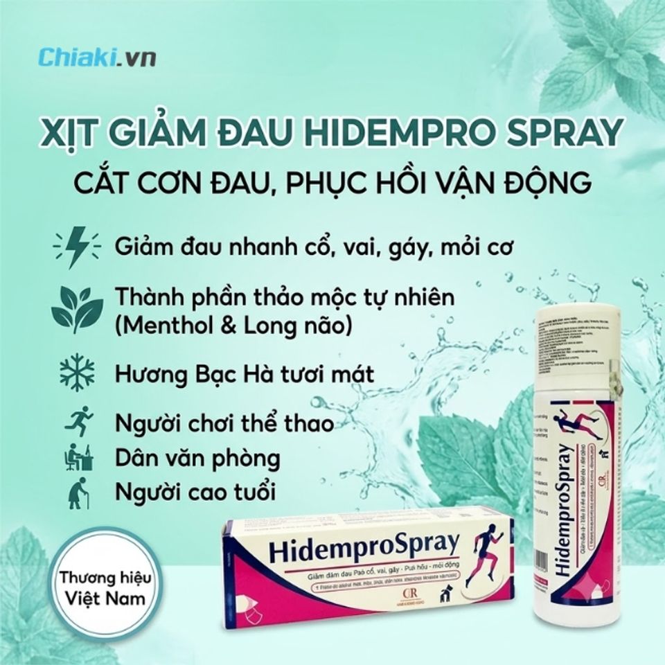 Xịt giảm đau xương khớp Hidempro Spray&nbsp;l&agrave;m dịu nhanh c&aacute;c cơn đau nhức v&ugrave;ng cổ, vai, g&aacute;y