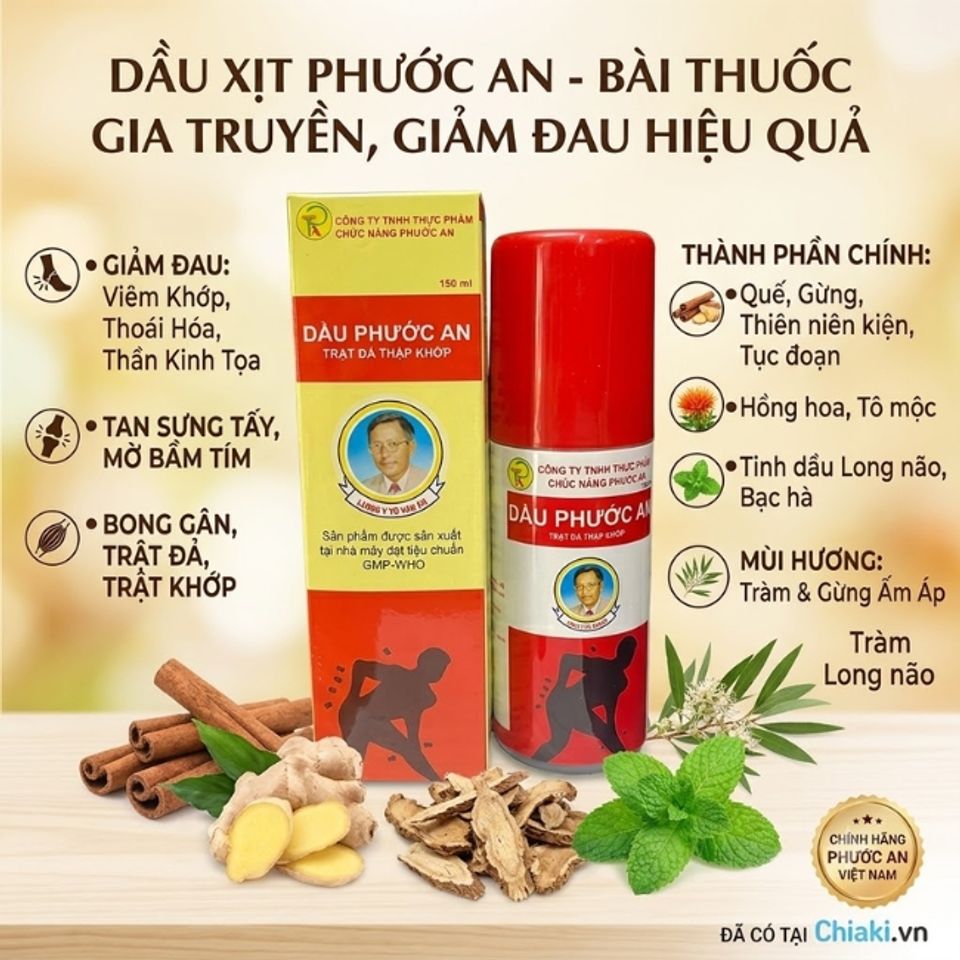 Dầu xịt giảm đau Phước An Việt Nam l&agrave;m mờ c&aacute;c vết bầm t&iacute;m, giảm đau do bong g&acirc;n, trật đả, trật khớp khi lao động