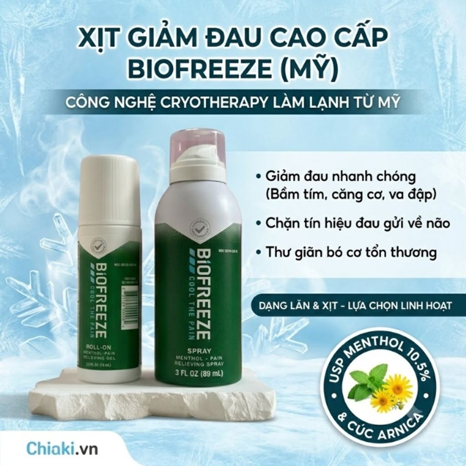 Xịt xoa b&oacute;p giảm đau nhức Biofreeze Cool The Pain giảm đau nhức nhanh ch&oacute;ng cho c&aacute;c bệnh l&yacute; vi&ecirc;m khớp, tho&aacute;i h&oacute;a khớp, đau lưng, cứng cổ g&aacute;y