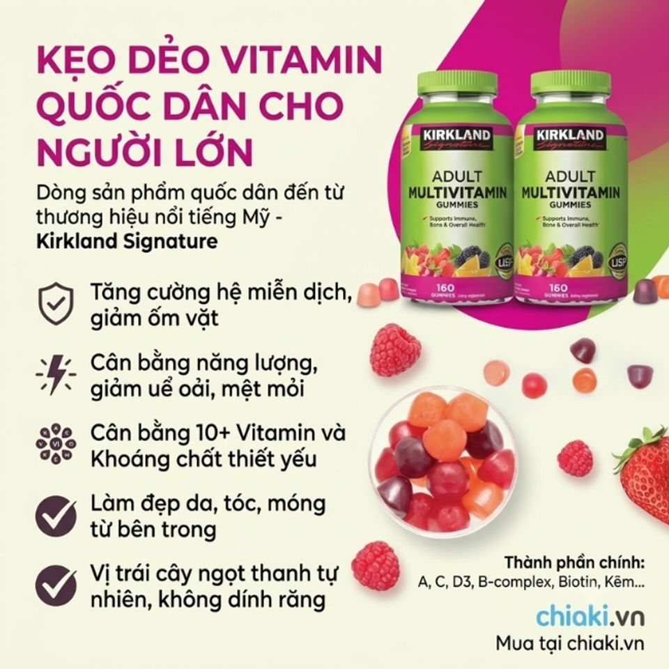 Kẹo dẻo vitami Kirkland Signature Adult Multivitamin Gummies tăng cường hệ miễn dịch, c&acirc;n bằng năng lượng v&agrave; hỗ trợ l&agrave;m đẹp da