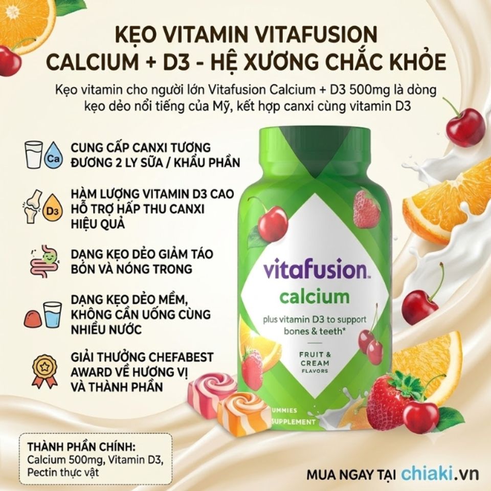 Kẹo Vitamin của Mỹ Vitamin Vitafusion Calcium + D3 500mg duy tr&igrave; hệ xương chắc khỏe