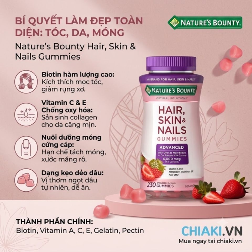 Kẹo vitamin tổng hợp Hair, Skin, Nails Gummies Nature's Bounty duy tr&igrave; m&aacute;i t&oacute;c chắc khỏe, l&agrave;n da tươi s&aacute;ng v&agrave; m&oacute;ng cứng c&aacute;p
