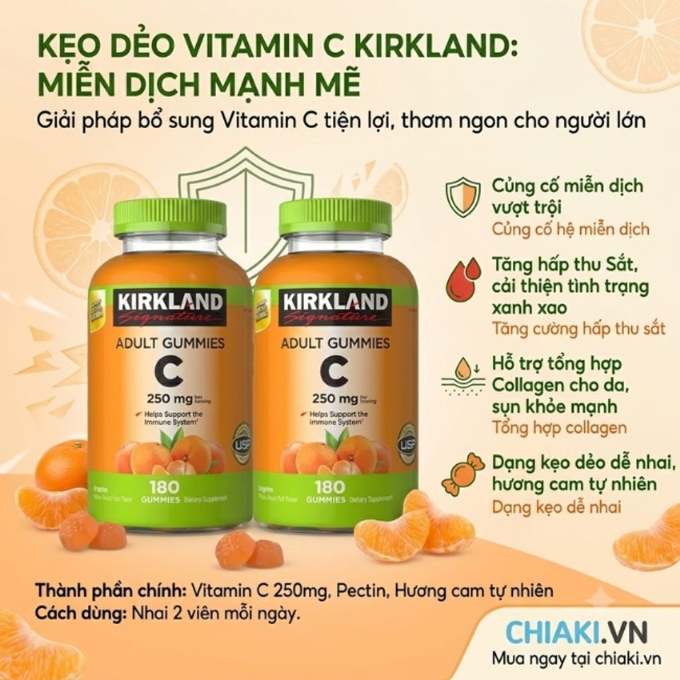 Vitamin tổng hợp cho người mệt mỏi Vitamin C Kirkland Adult Gummies củng cố hệ miễn dịch vượt trội