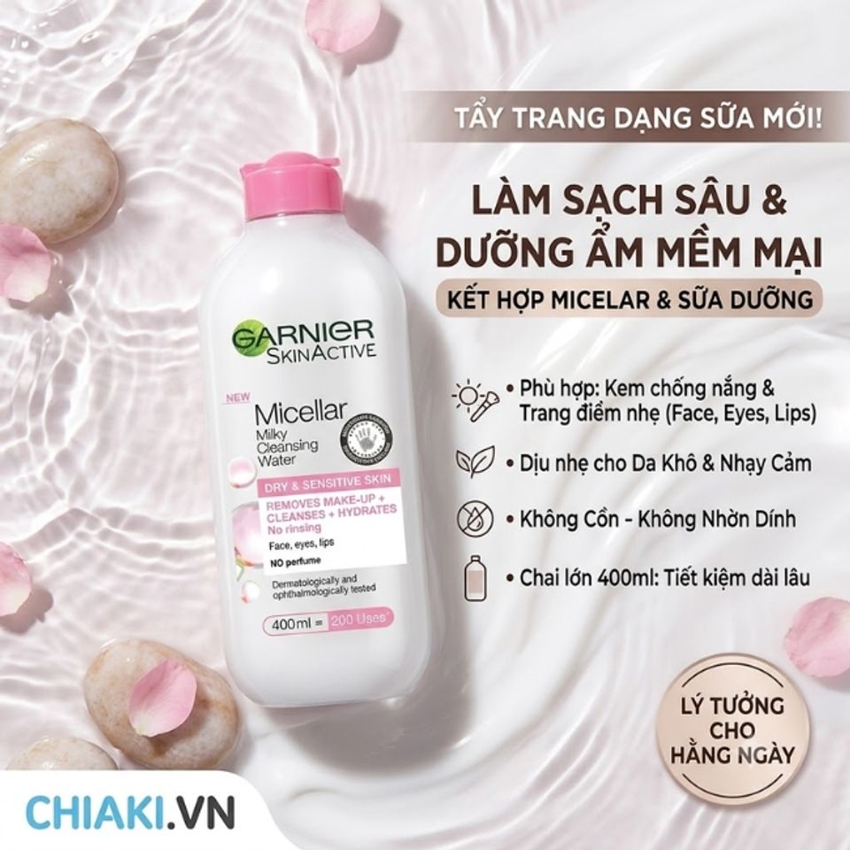 Tẩy trang dạng sữa Garnier Micellar Milky Cleansing Water l&agrave;m sạch s&acirc;u nhưng vẫn duy tr&igrave; độ mềm mại cho da