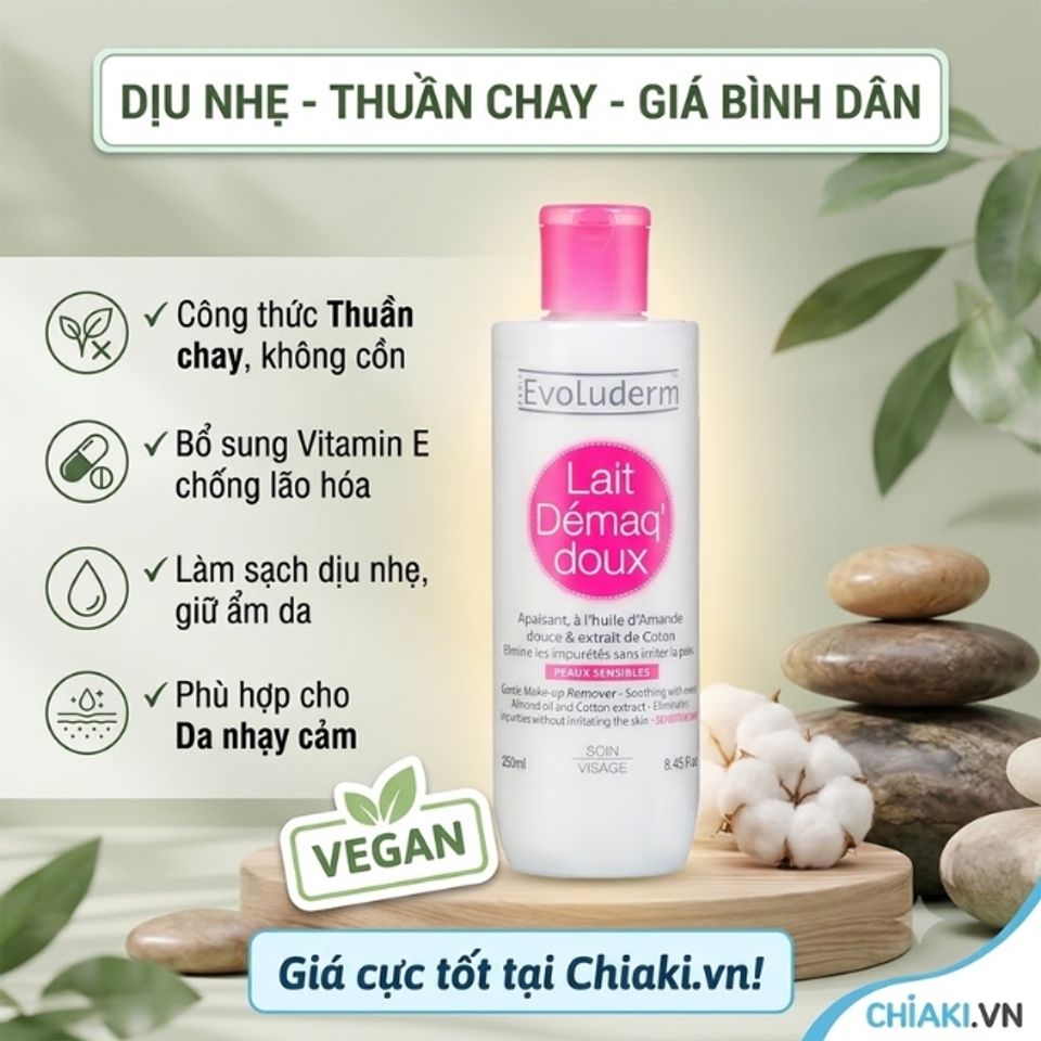 Sữa tẩy trang cho da nhạy cảm Evoluderm thuần chay kh&ocirc;ng g&acirc;y cay mắt hay r&aacute;t da khi sử dụng