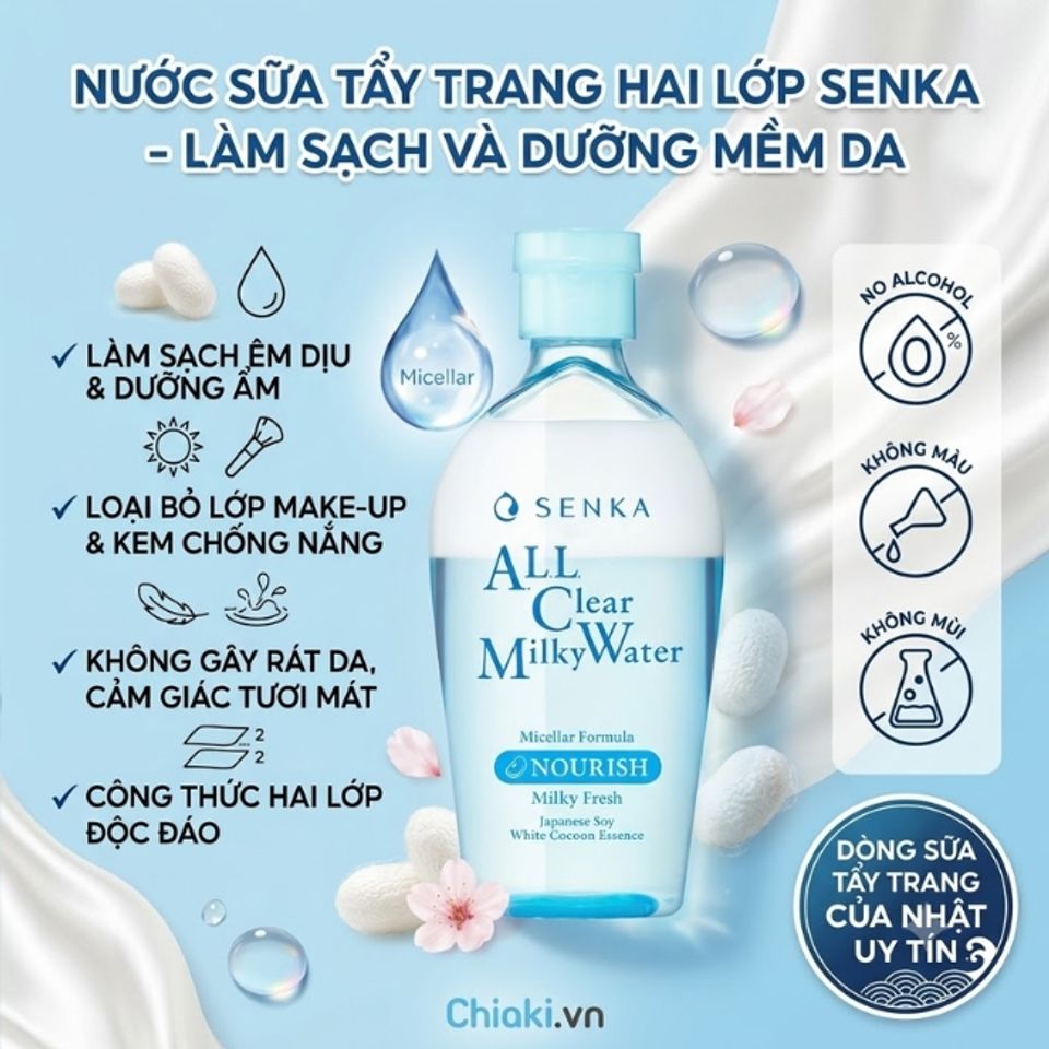 Nước sữa tẩy trang Nhật Bản hai lớp Senka A.L.L. Clear Milky Water loại bỏ lớp trang điểm, kem chống nắng v&agrave; b&atilde; nhờn hiệu quả