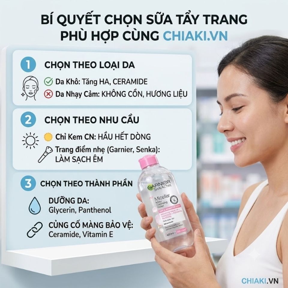 Lựa chọn sữa tẩy trang ph&ugrave; hợp với nhu cầu v&agrave; t&igrave;nh trạng da