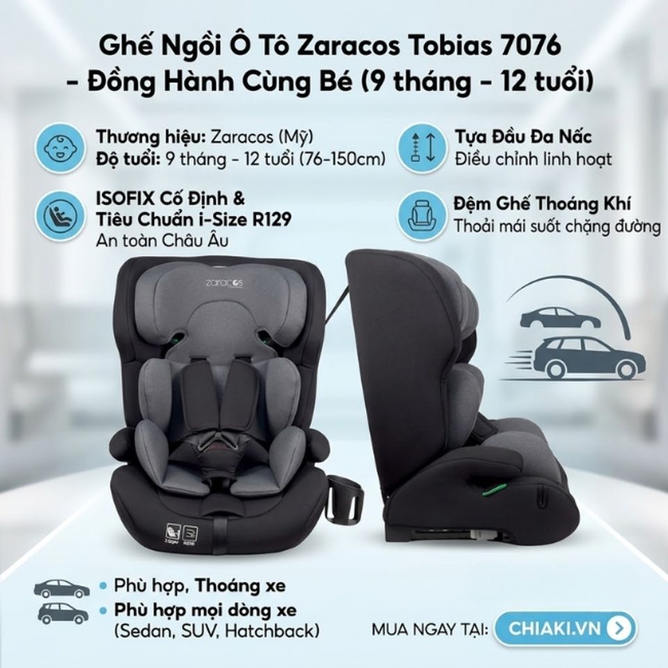 Ghế &ocirc; t&ocirc; trẻ em Zaracos Tobias 7076 đ&aacute;p ứng ti&ecirc;u chuẩn i-Size R129 c&ugrave;ng hệ thống ISOFIX gi&uacute;p việc lắp đặt nhanh ch&oacute;ng