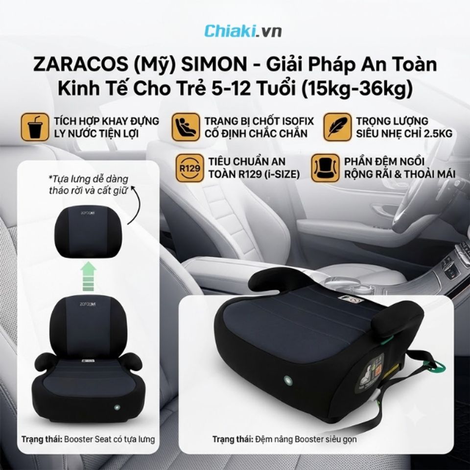 Ghế ngồi &ocirc; t&ocirc; cho b&eacute; 5 tuổi Booster Zaracos Simon 0168 gi&uacute;p n&acirc;ng chiều cao của trẻ để sử dụng d&acirc;y an to&agrave;n tr&ecirc;n &ocirc; t&ocirc;