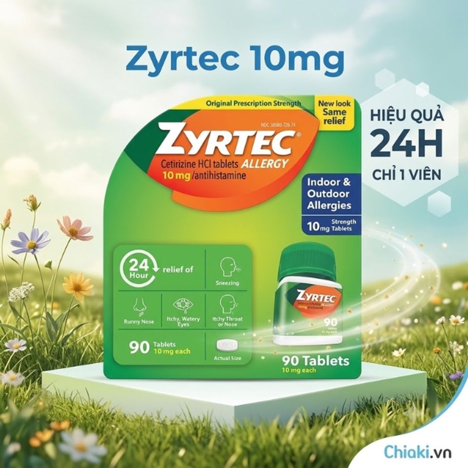 Vi&ecirc;n chống dị ứng Mỹ Zyrtec Antihistamine 10mg giảm hắt hơi, sổ mũi, ngứa mắt, chảy nước mắt, ngứa da v&agrave; nổi mề đay