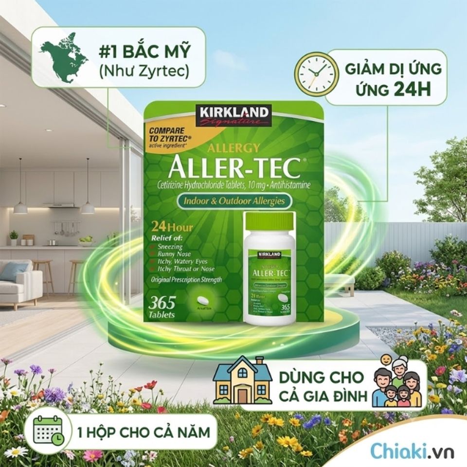 Vi&ecirc;n uống chống dị ứng Kirkland Aller Tec Mỹ giảm hắt hơi, chảy nước mũi, ngứa mắt, ngứa da v&agrave; nổi mề đay hiệu quả nhanh