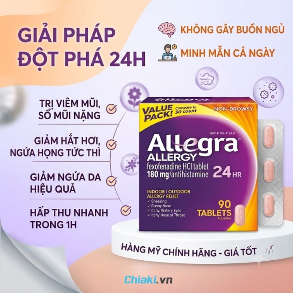 Thuốc dị ứng của Mỹ Allegra Allergy 24h loại bỏ nhanh c&aacute;c cơn vi&ecirc;m mũi dị ứng nặng, dai dẳng