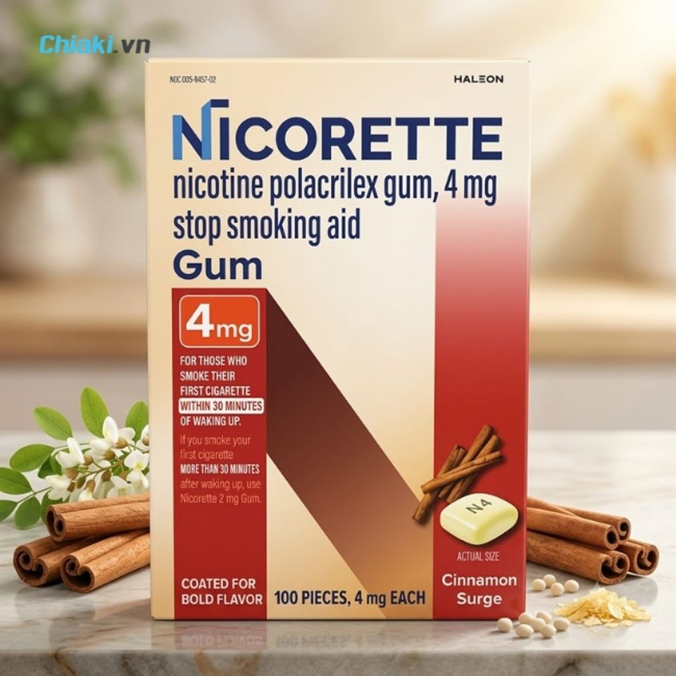 Kẹo cao su cai thuốc l&aacute; hương quế Nicorette giảm cảm gi&aacute;c th&egrave;m thuốc, kiểm so&aacute;t c&aacute;c triệu chứng kh&oacute; chịu